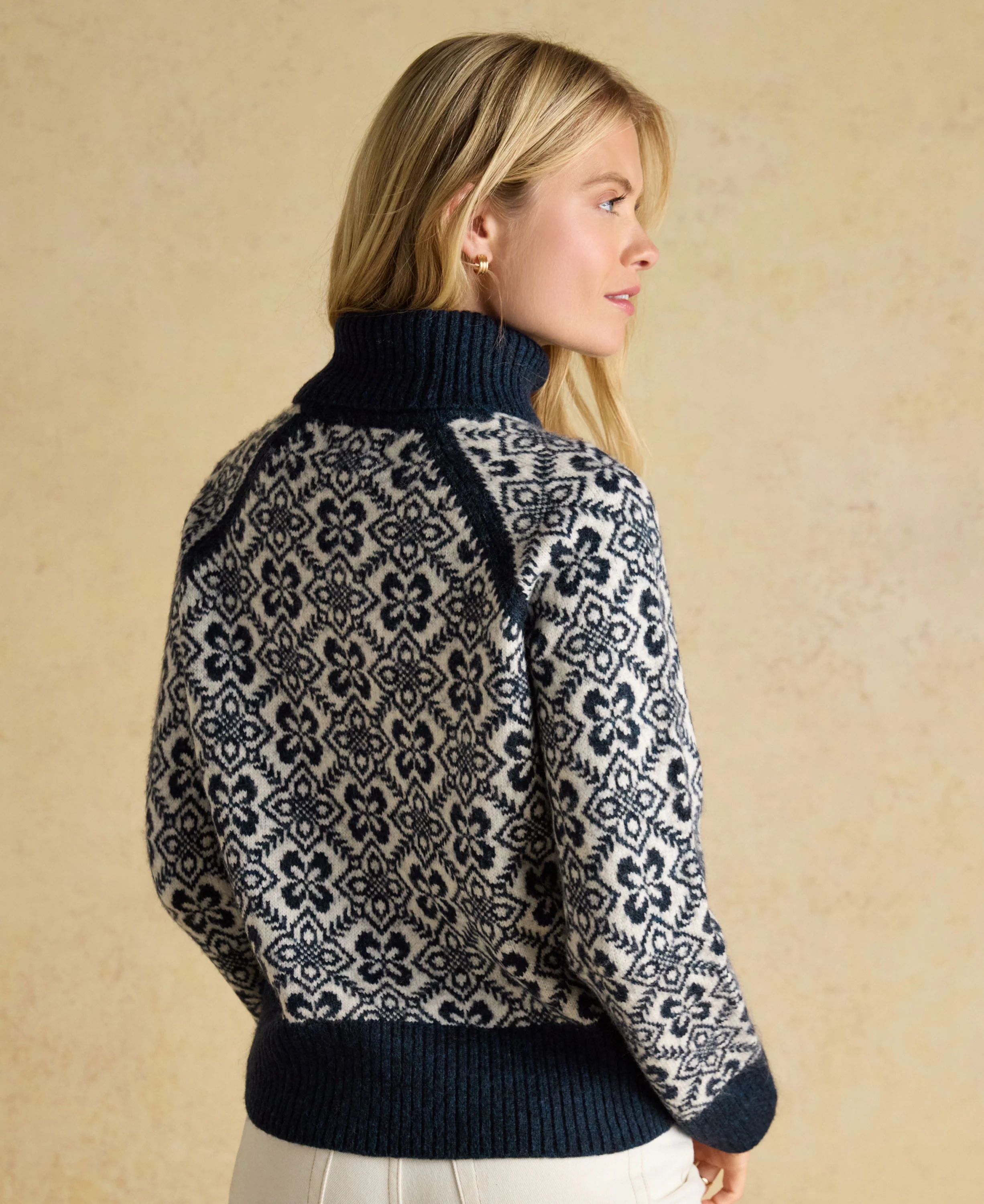 Addison Patterned Knitted Jumper with Detachable Roll Neck - Cream/Navy - Image 3