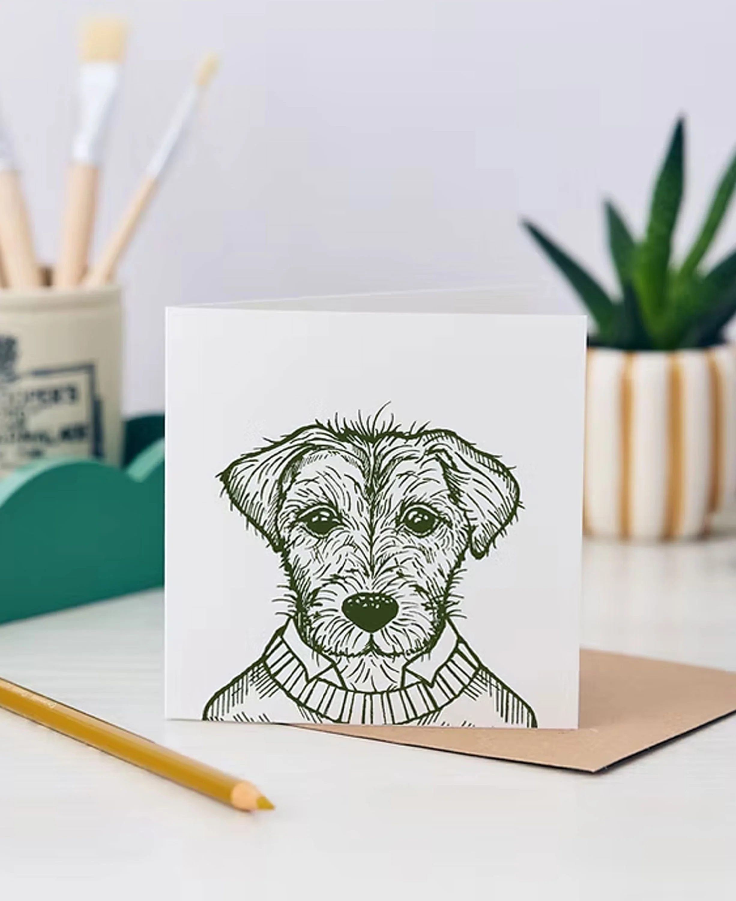Basil Terrier Greetings Card - Olive Green - Image 2