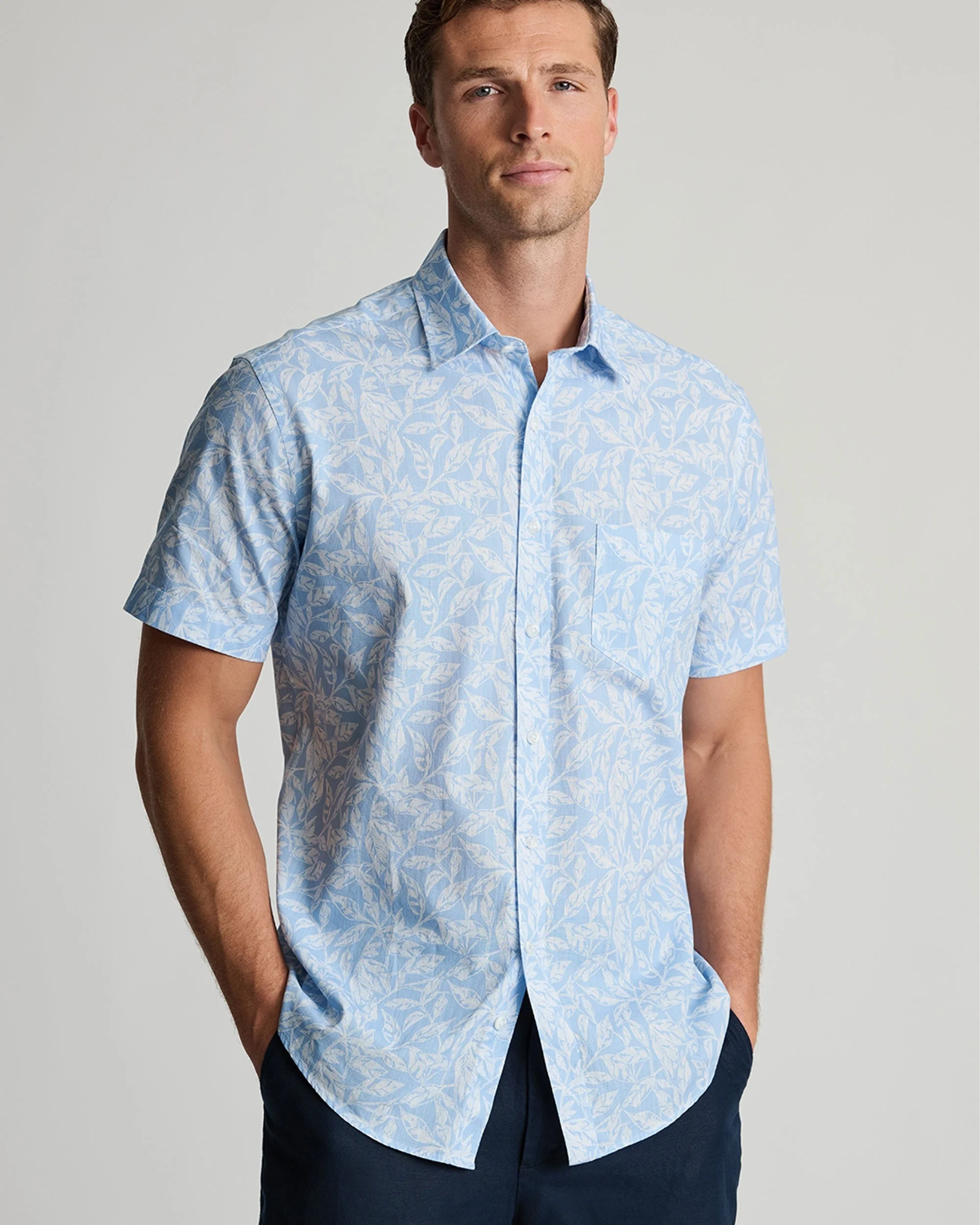 Botanical Leaf Print Slub Cotton Short Sleeve Shirt - Sky Blue - Image 2