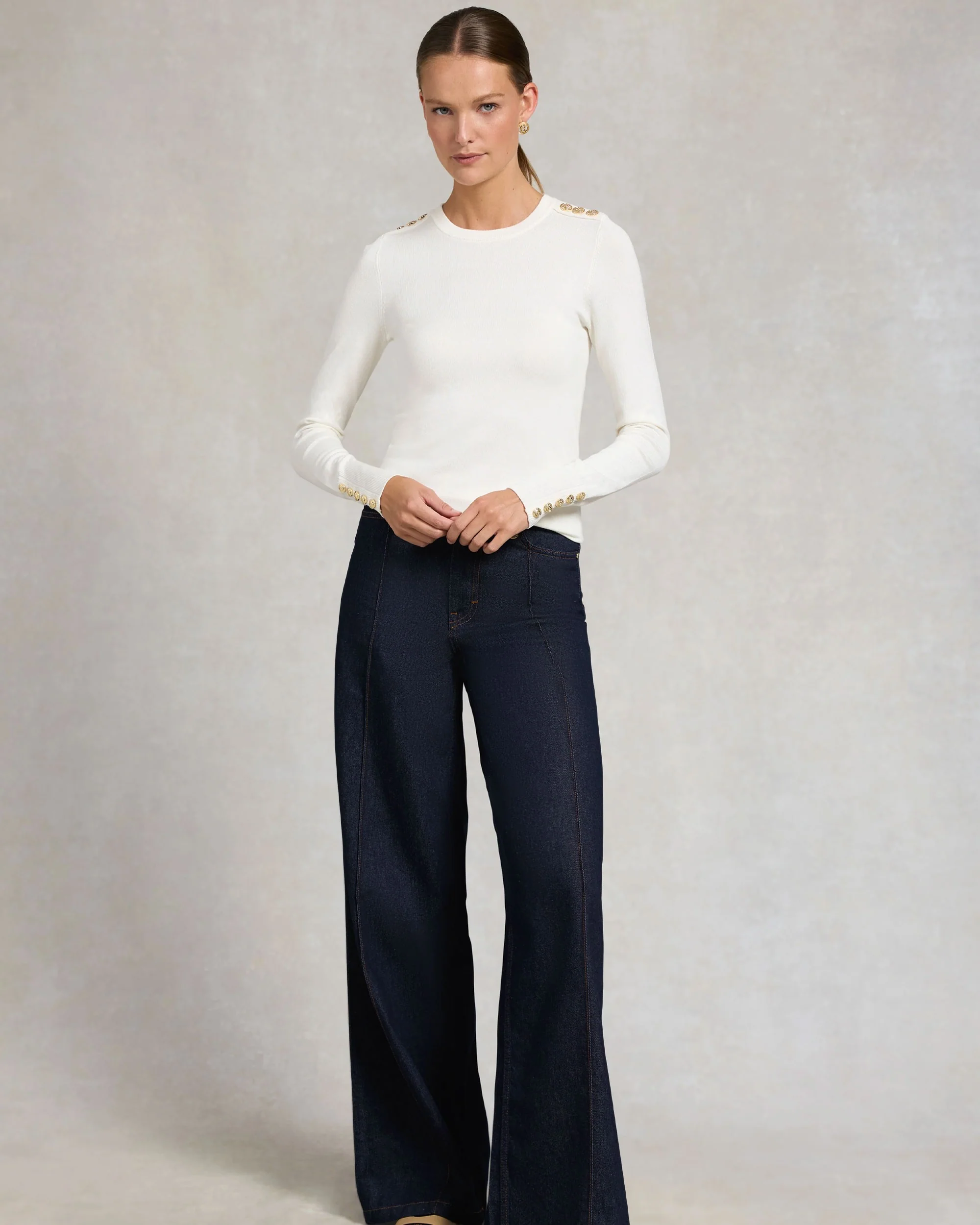Buttoned Knit Crew Neck - Cream - Image 4
