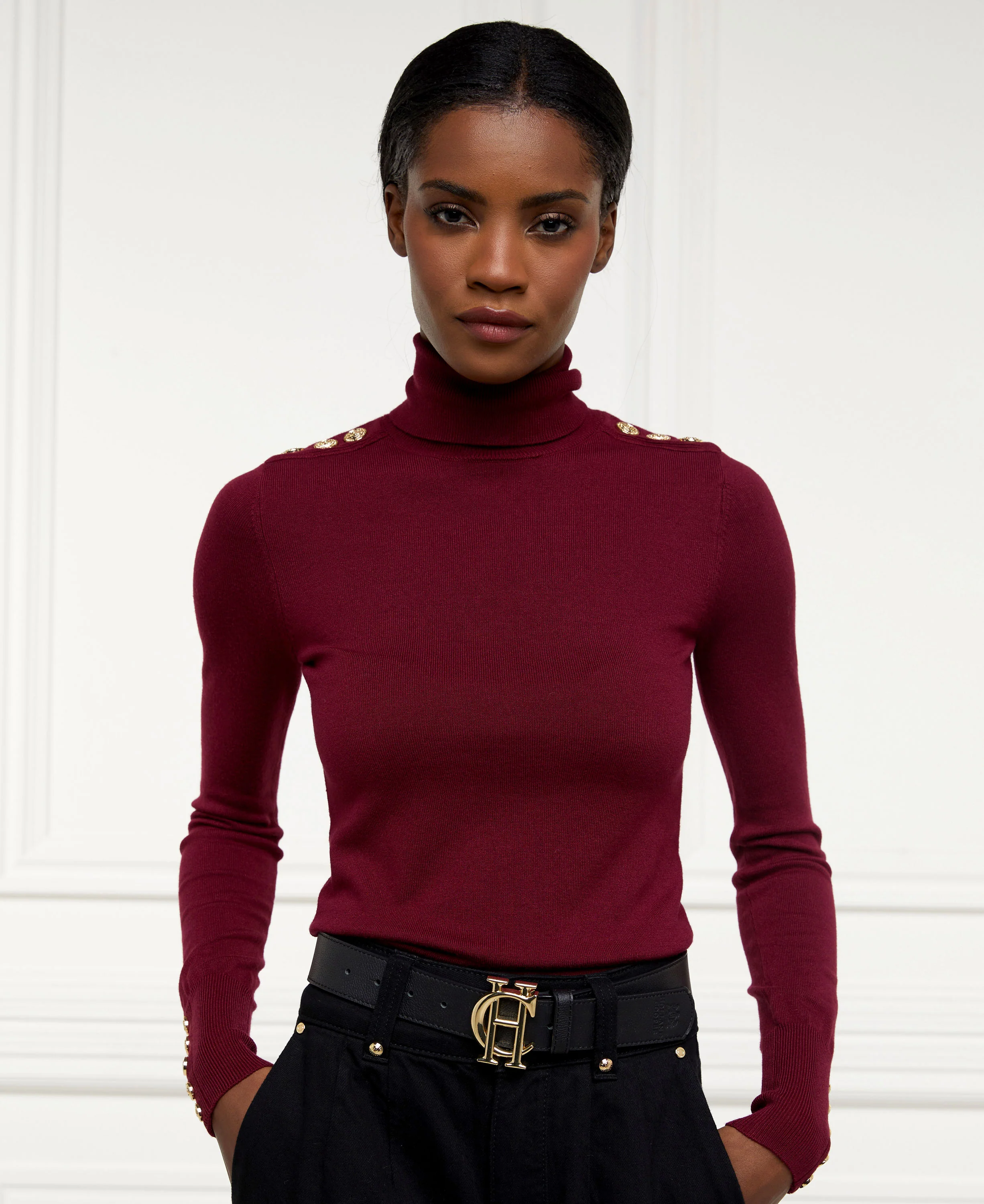 Buttoned Knit Roll Neck - Wine - Image 6