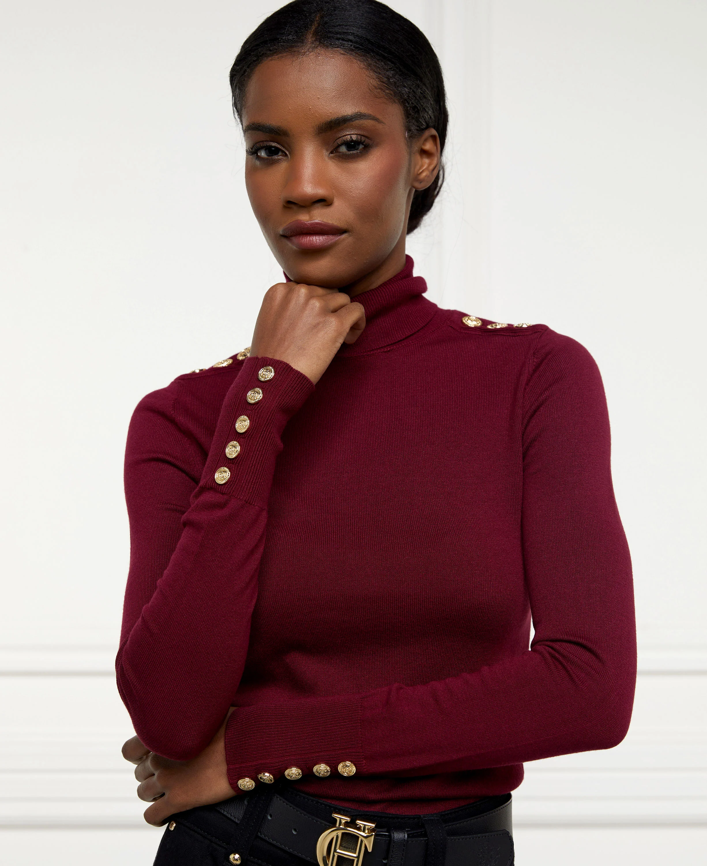 Buttoned Knit Roll Neck - Wine - Image 8