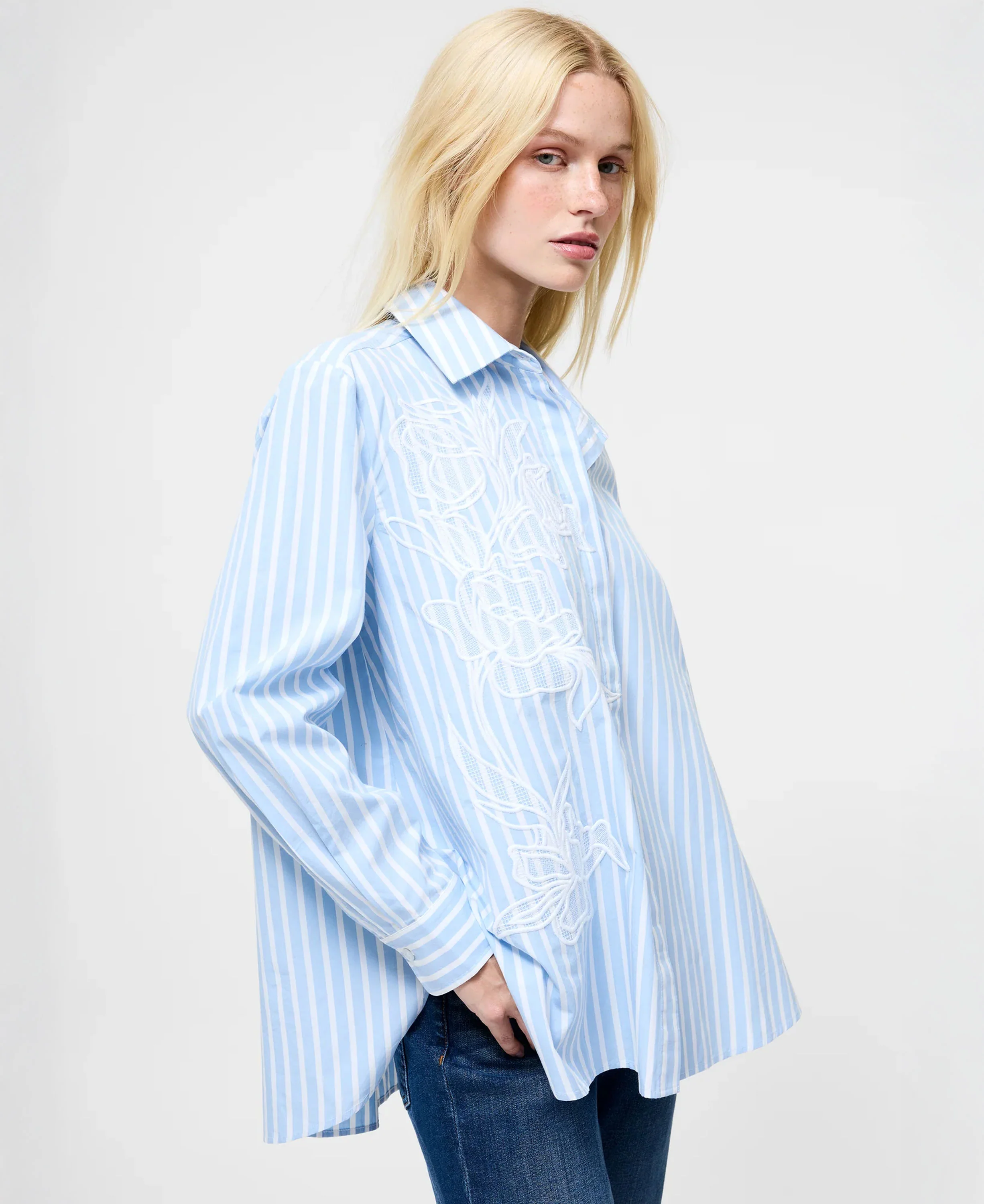 Cambria Cotton Embroidered Floral Stripe Shirt - Arctic Blue/Linen White - Image 2