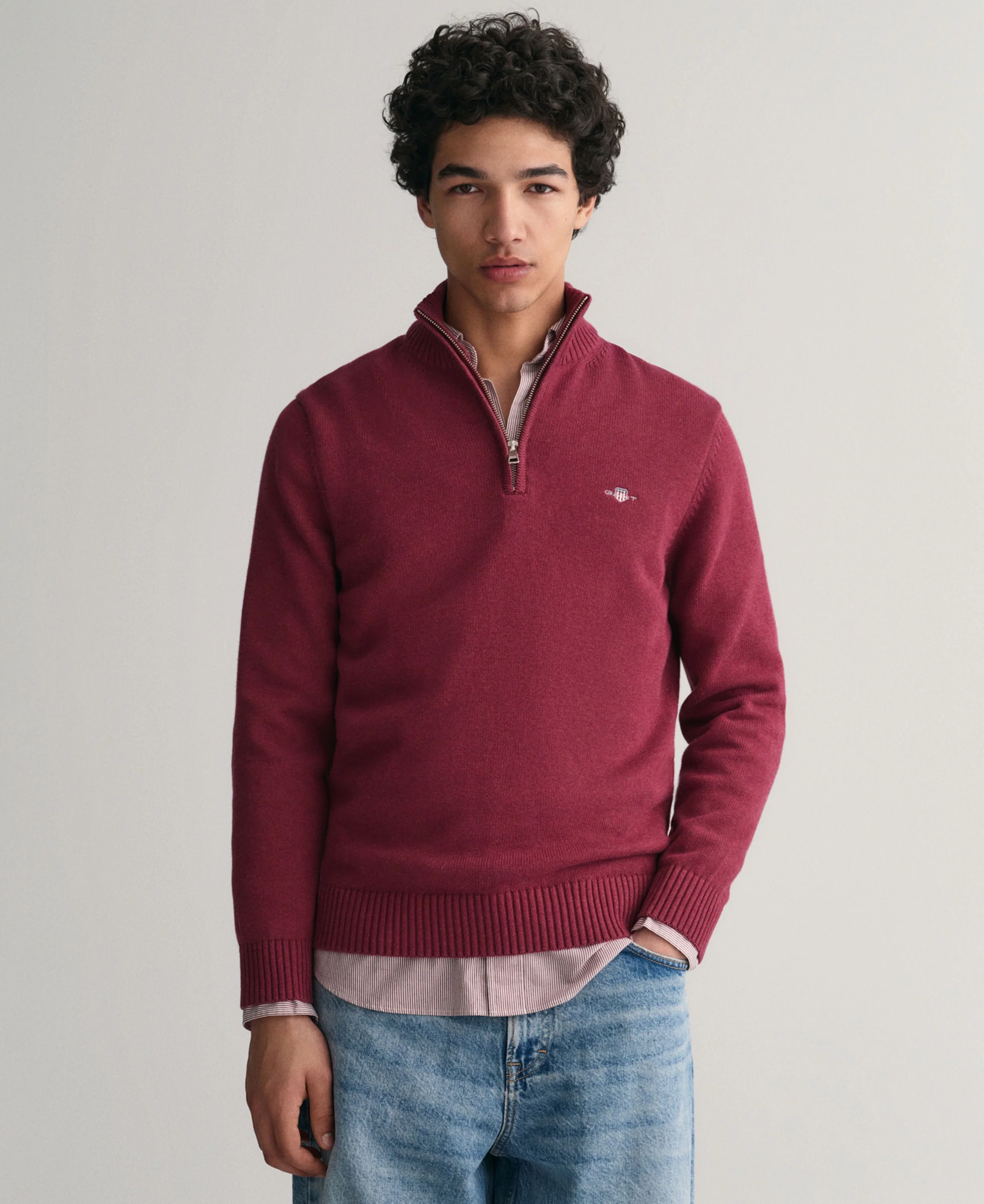 Casual Cotton Half Zip Sweater - Plumped Red - Image 2