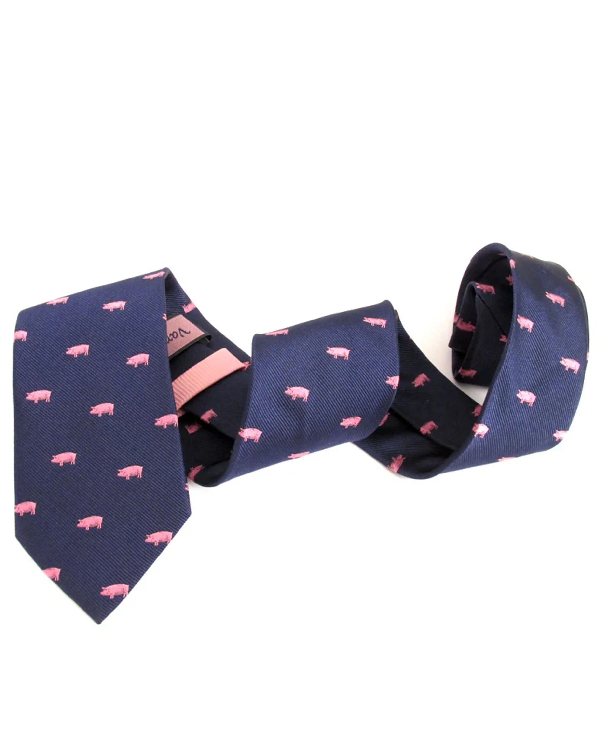 Country Silk Tie - Navy Pig Motif - Image 3