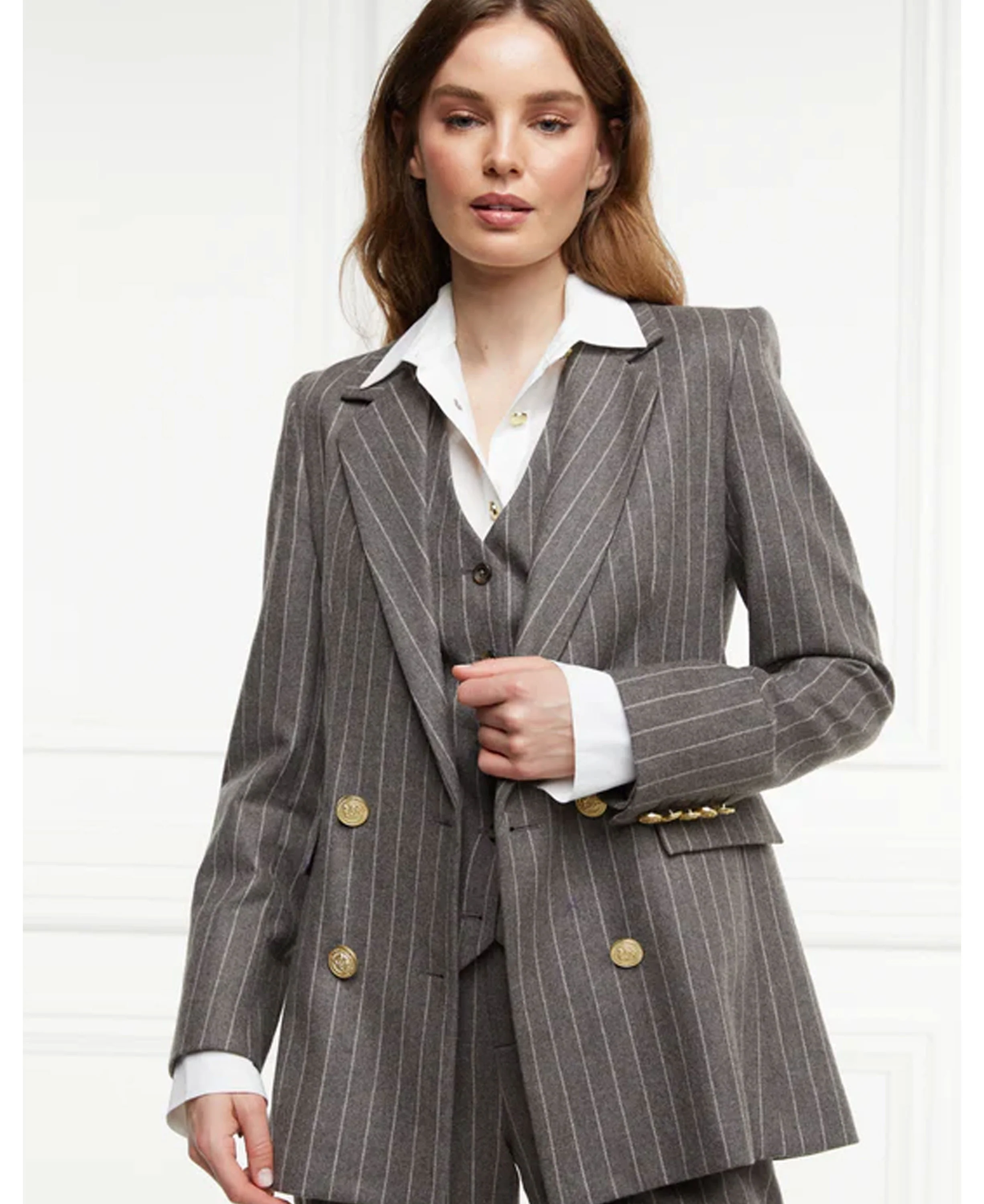 Double Breasted Blazer - Soft Grey Pinstripe - Image 2