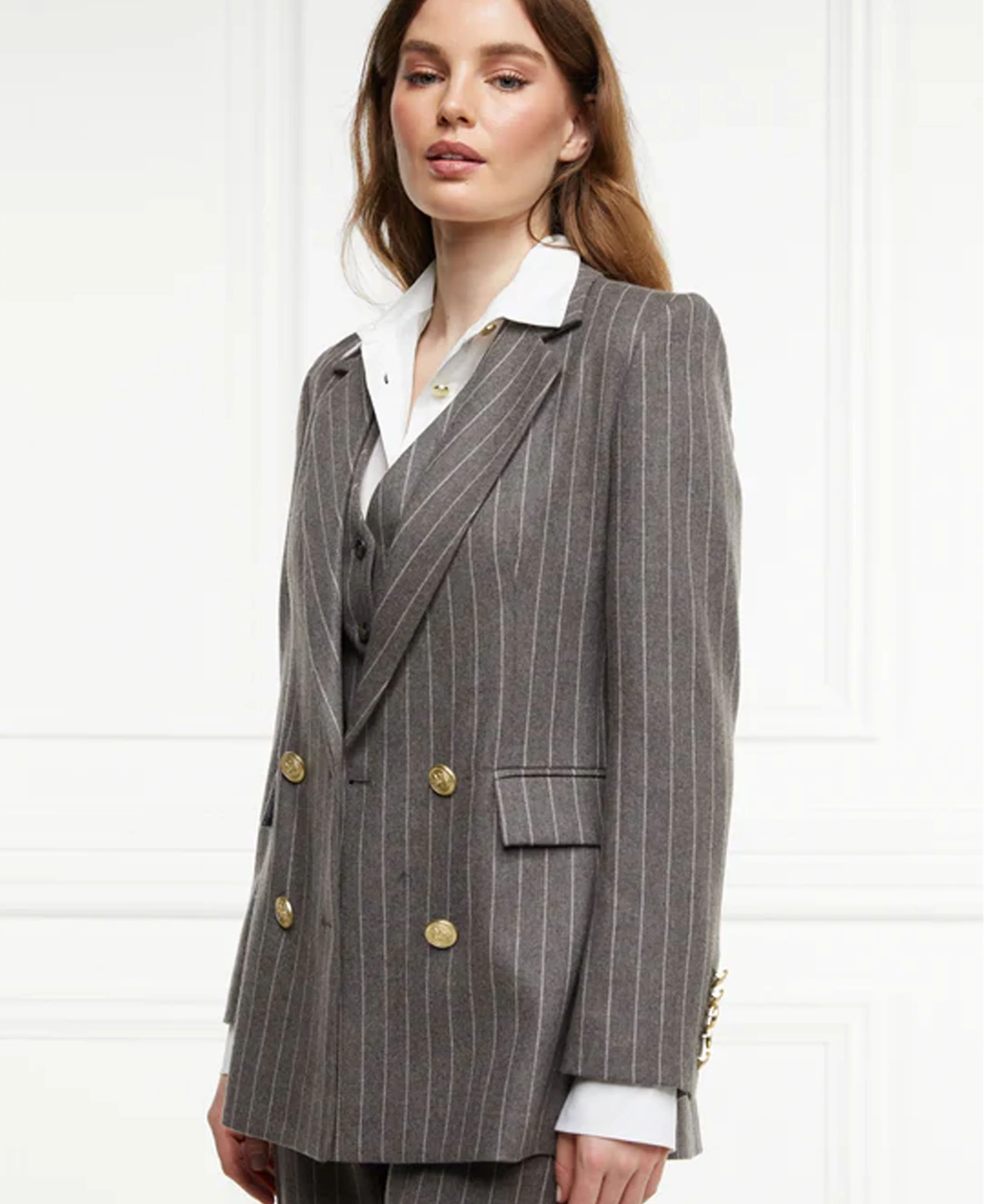 Double Breasted Blazer - Soft Grey Pinstripe - Image 5