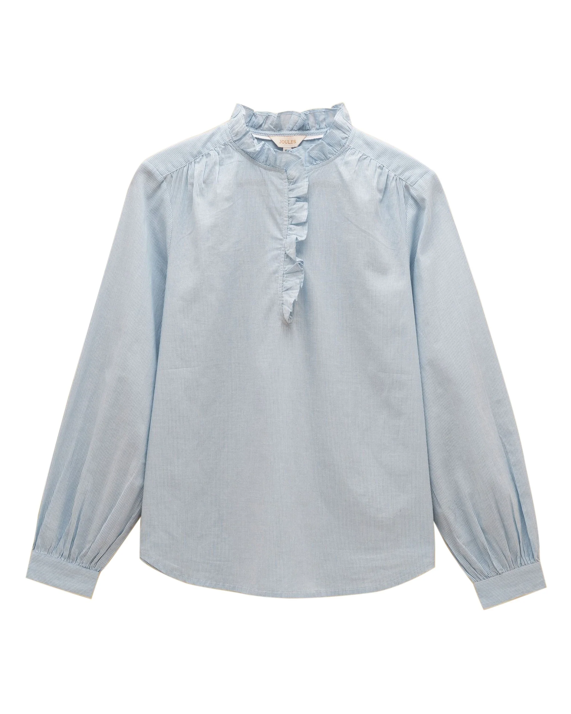 Melanie Ruffle Neck Blouse - Blue/White