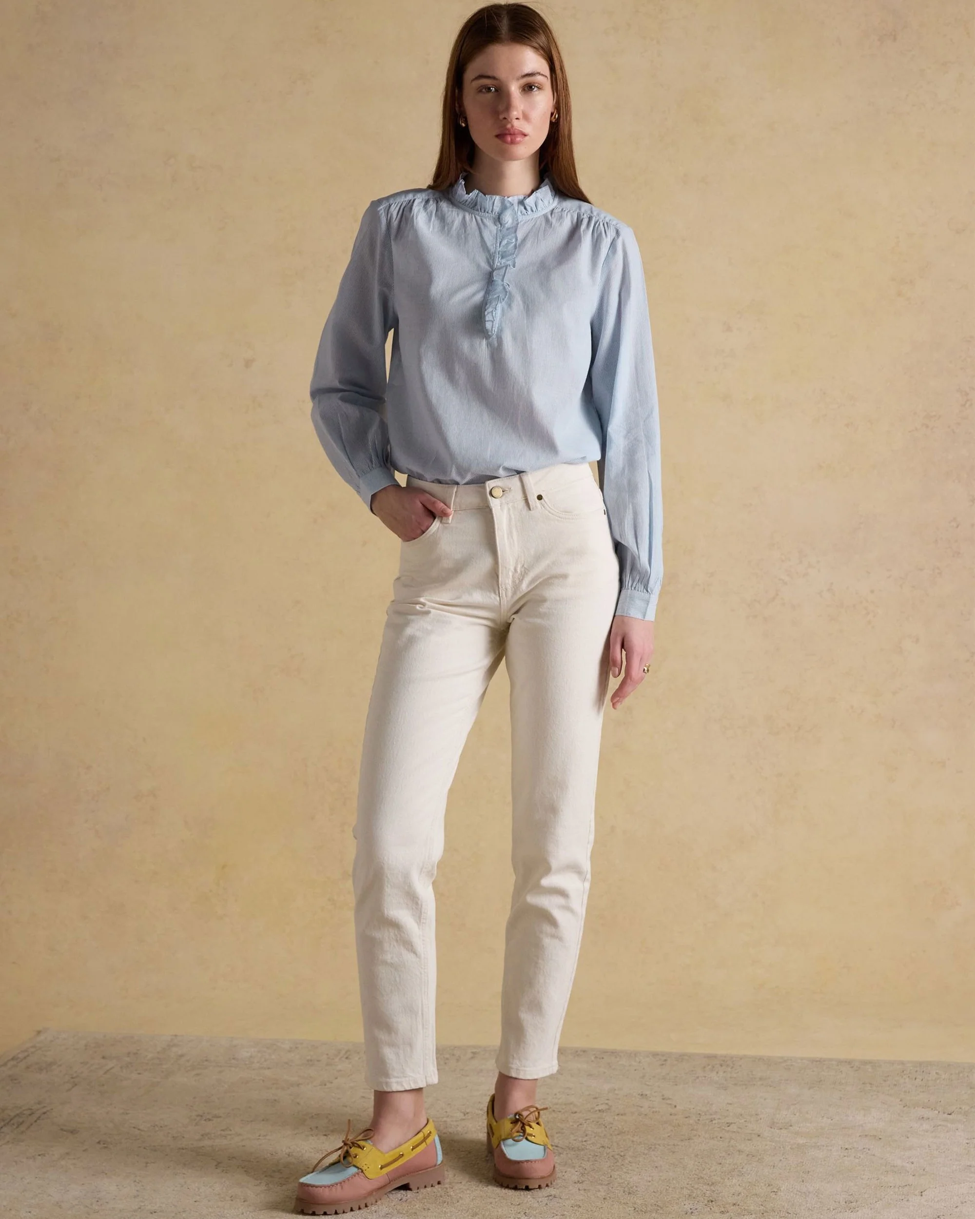 Melanie Ruffle Neck Blouse - Blue/White - Image 7