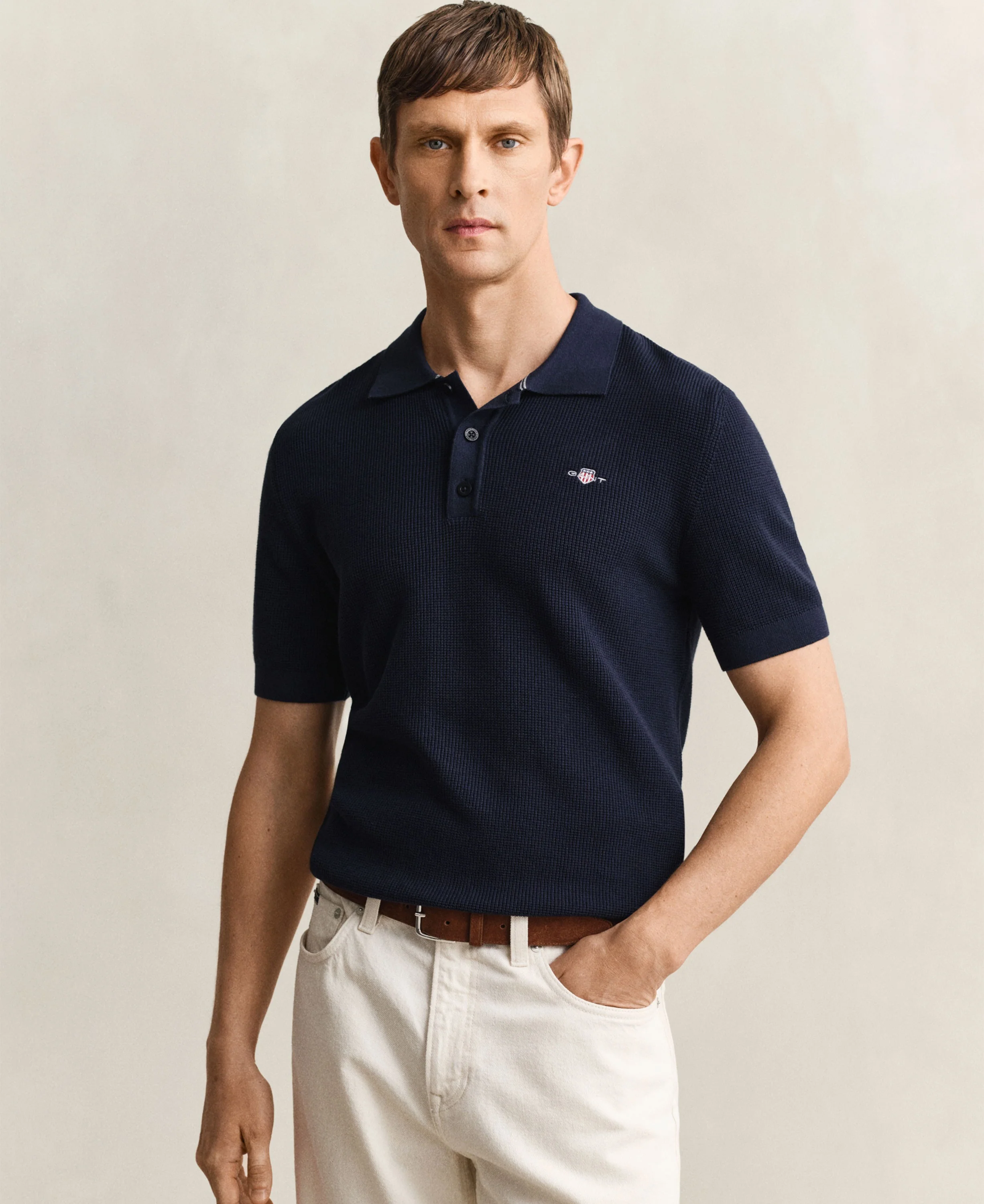 Micro Textured Cotton Short Sleeve Polo - Evening Blue - Image 2