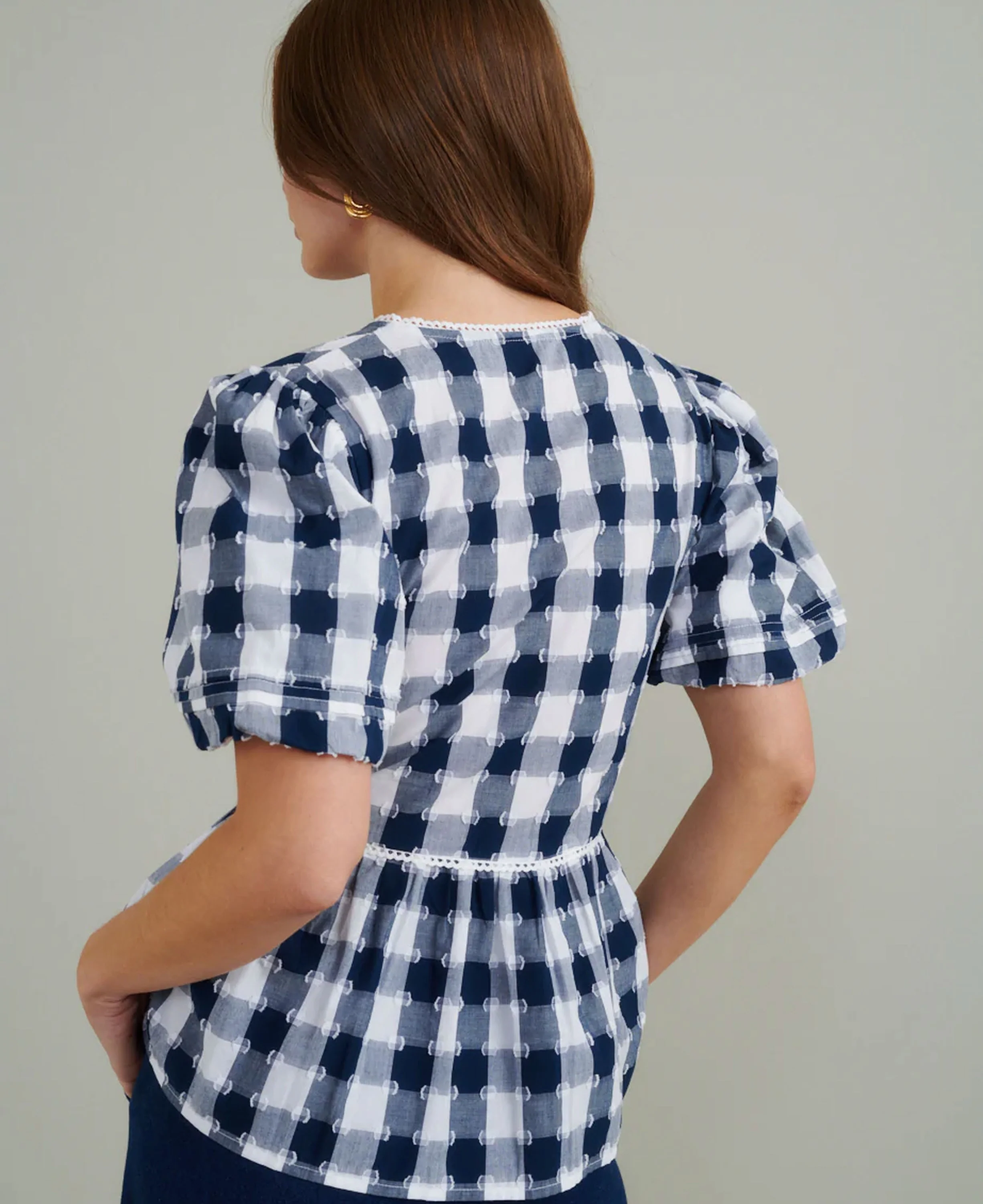 Gingham Peplum Blouse - Blue - Image 5