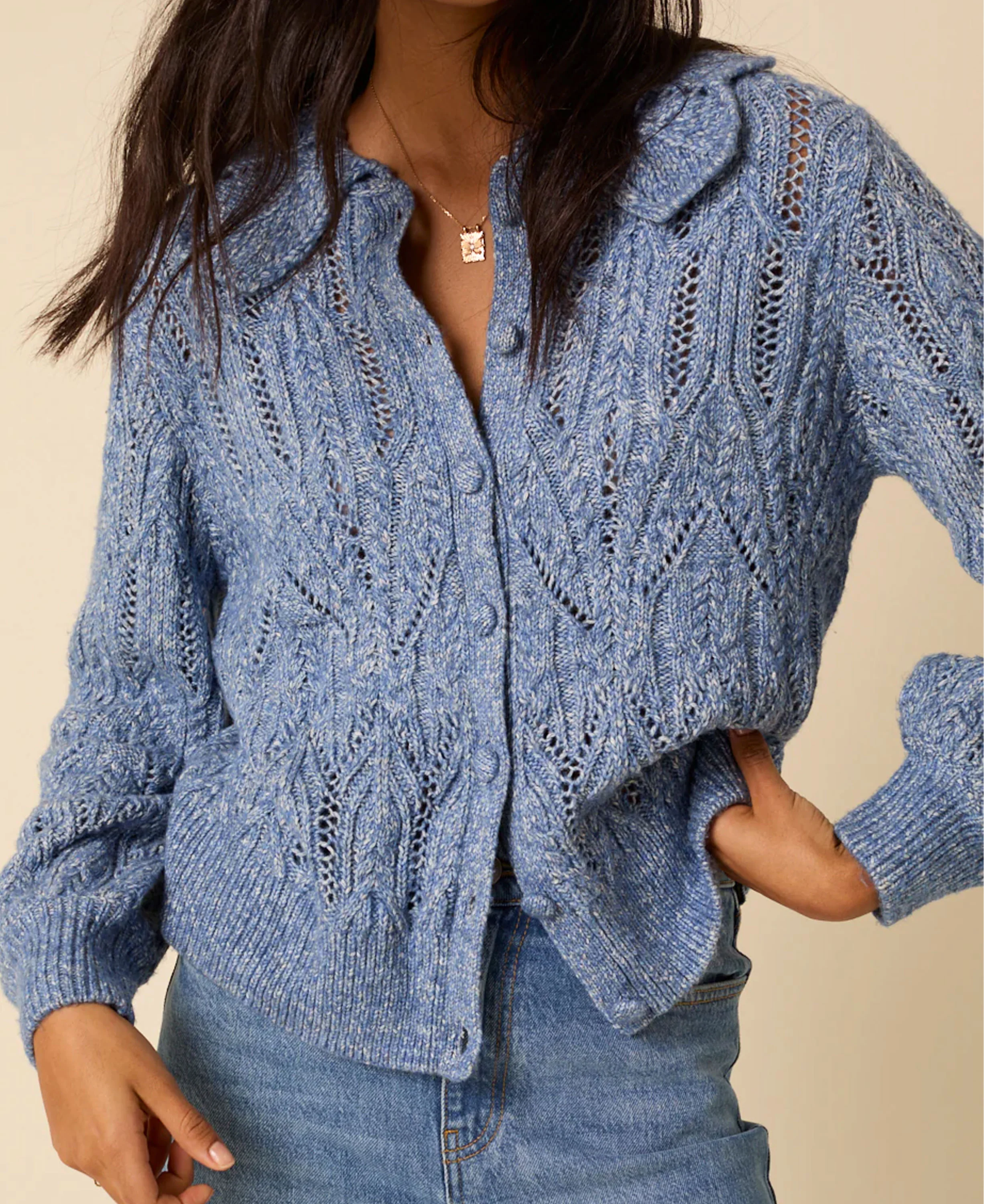 Pointelle Chunky Cardigan - Blue - Image 2