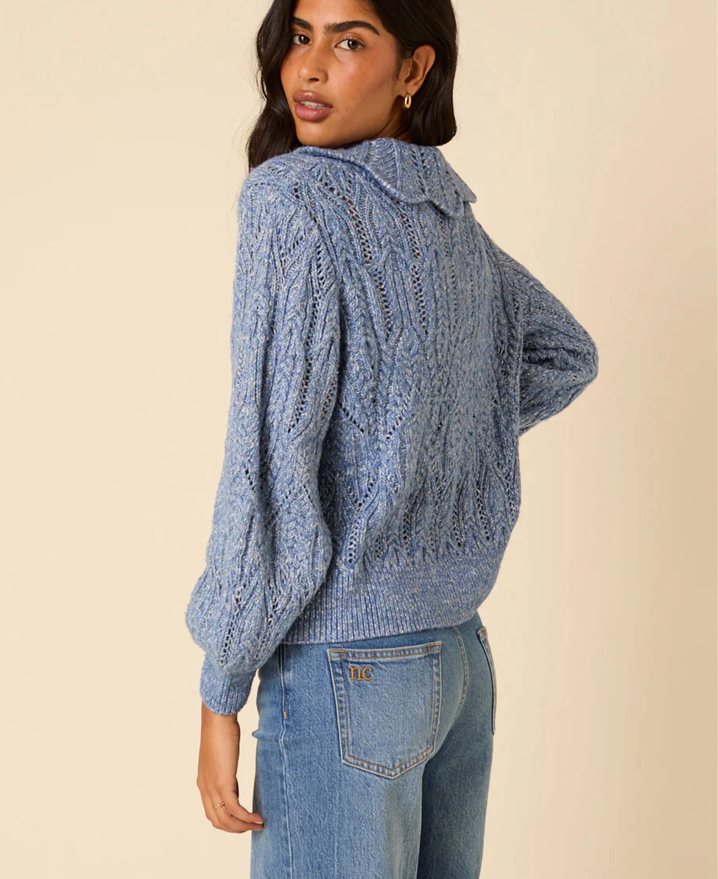 Pointelle Chunky Cardigan - Blue - Image 3