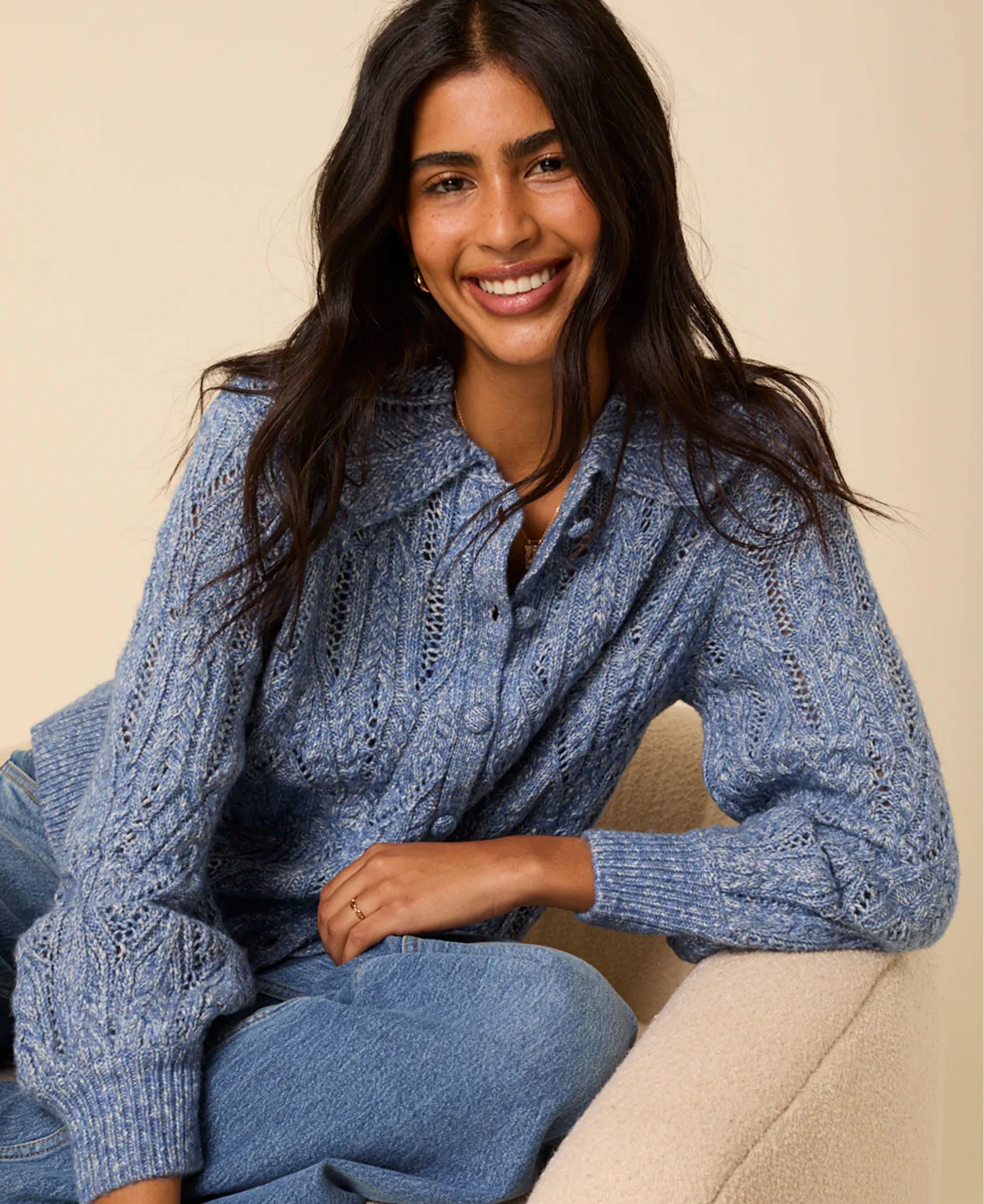 Pointelle Chunky Cardigan - Blue - Image 4