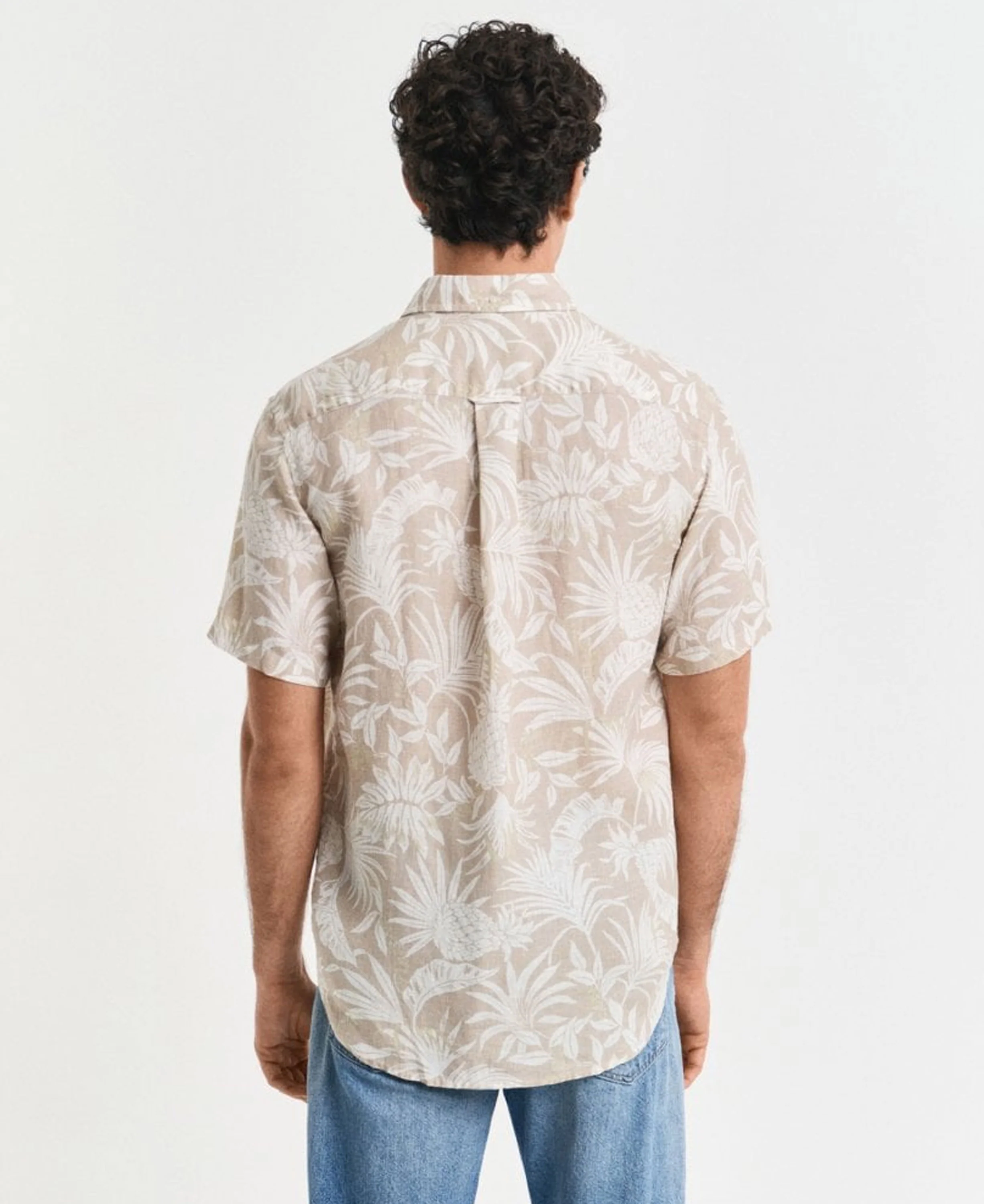 Regular Fit Botanical Linen Print Shirt - Dry Sand - Image 5