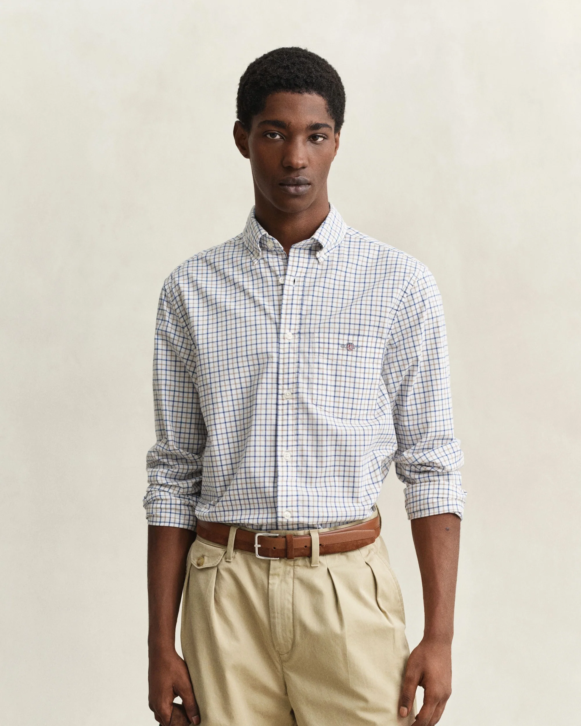 Reg Classic Poplin Check - Taupe Beige - Image 2