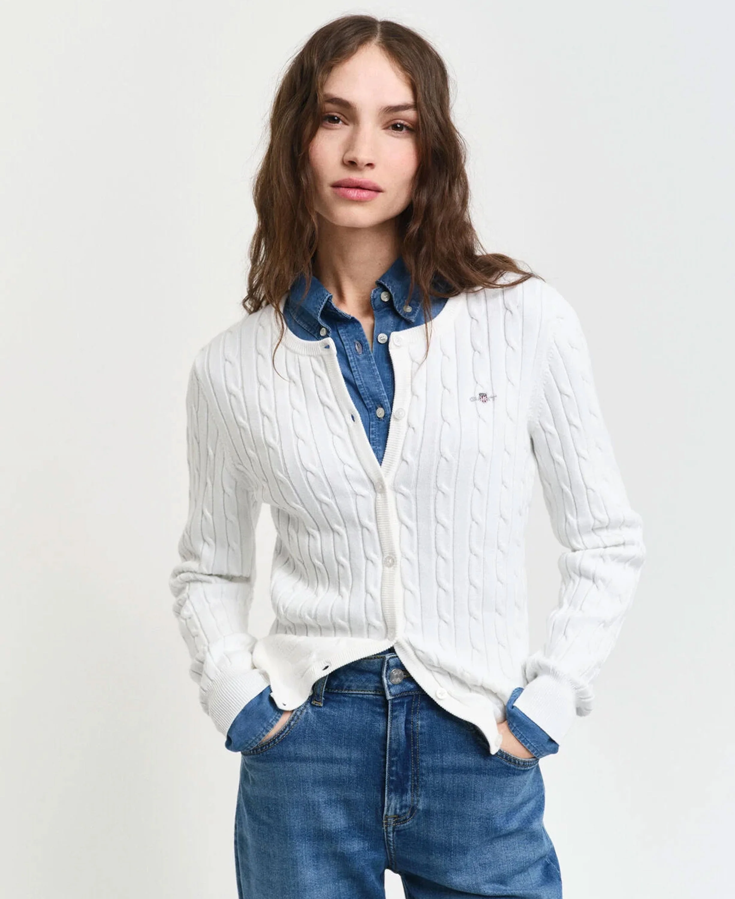 Stretch Cotton Cable Cardigan - Eggshell - Image 2