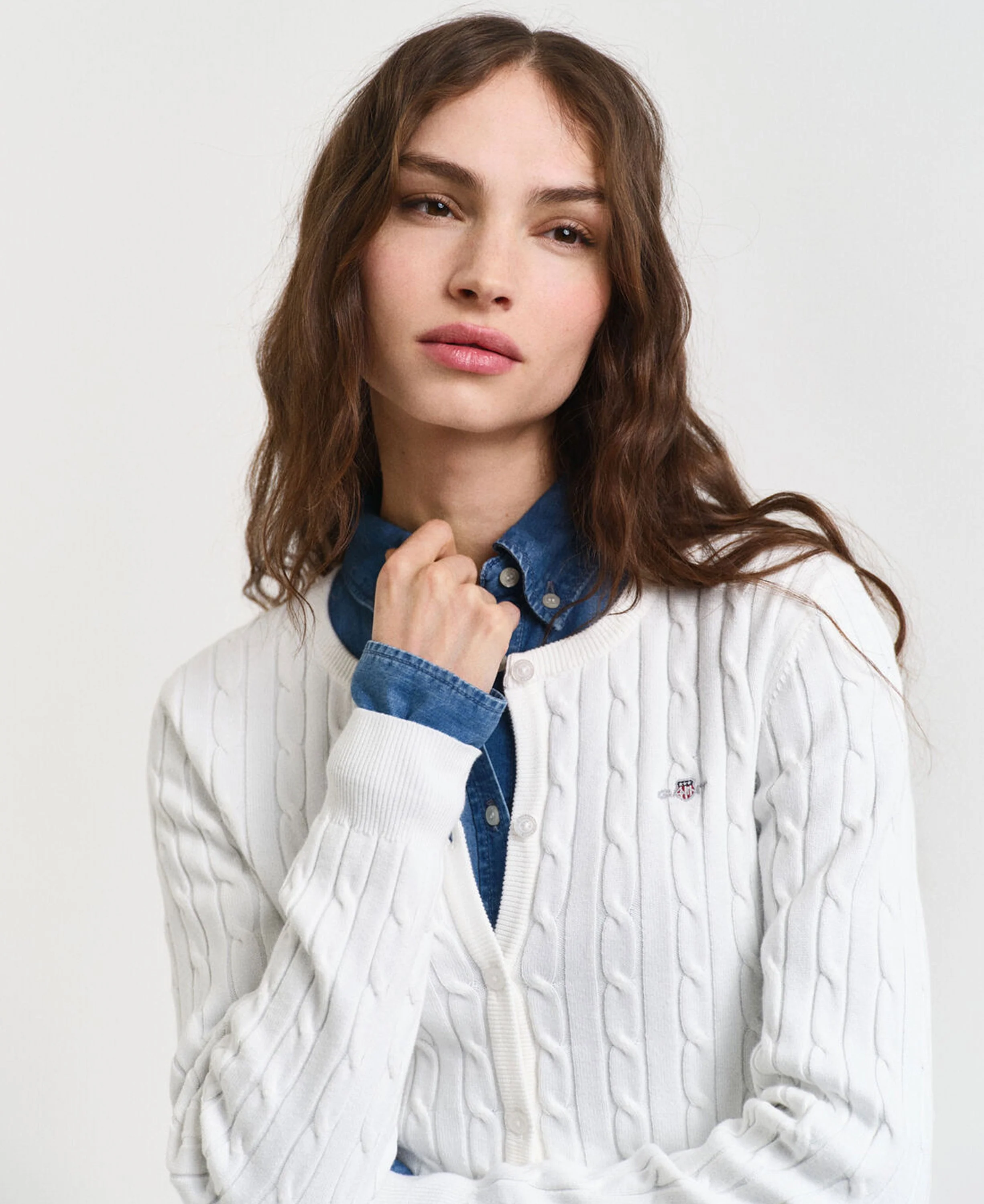 Stretch Cotton Cable Cardigan - Eggshell - Image 4