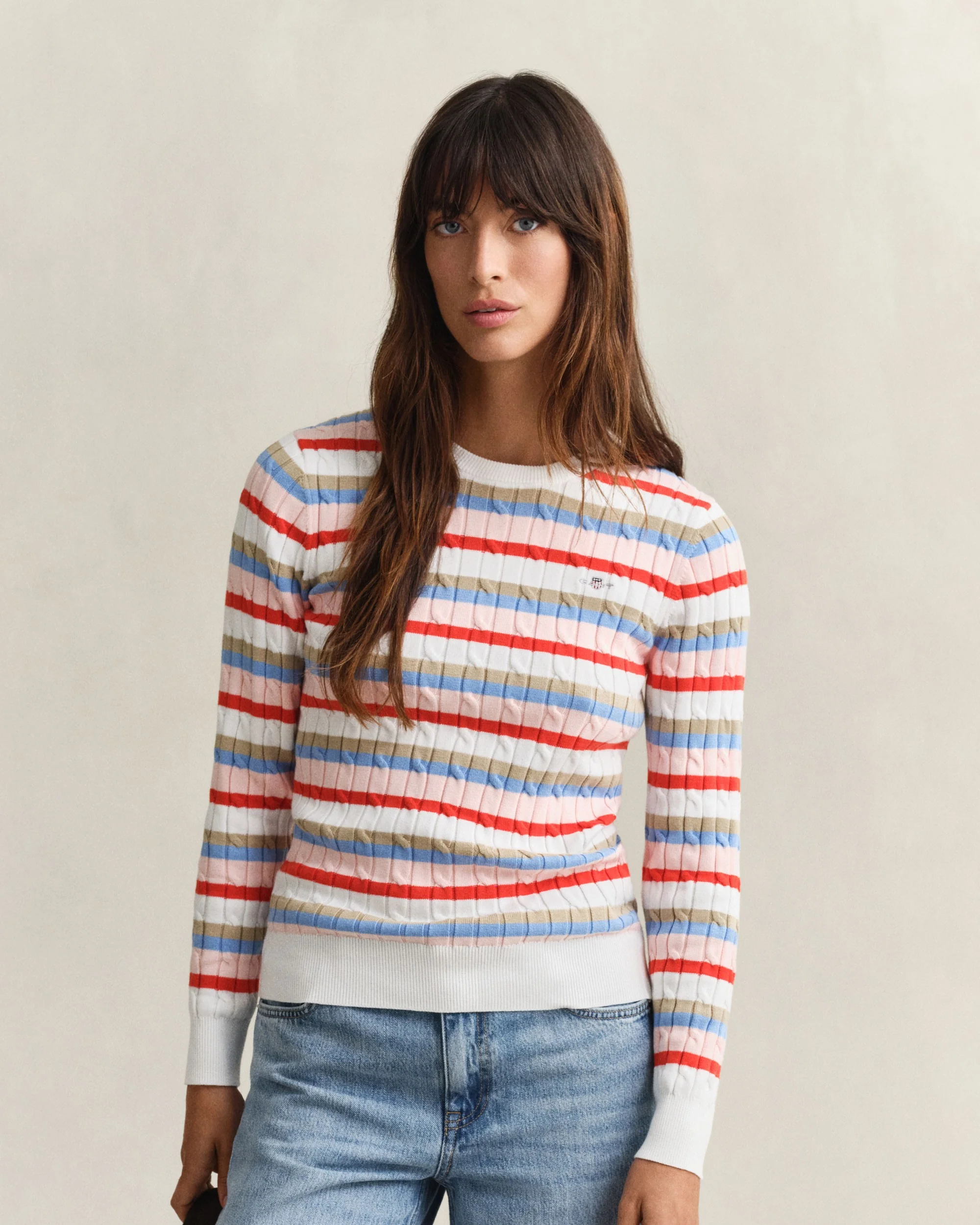 Stretch Cotton Cable Stripe Crew Neck Sweater - Multicolor - Image 2