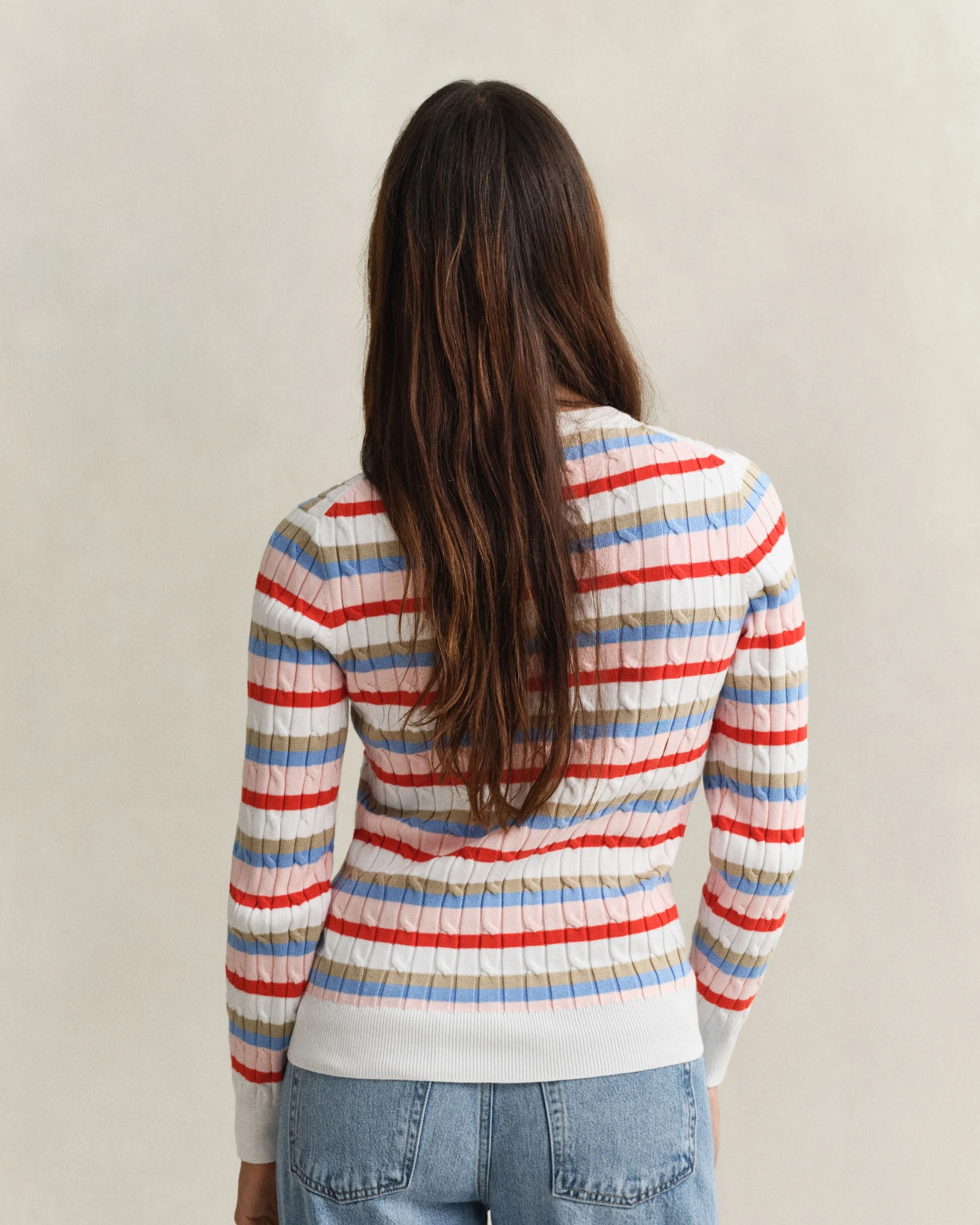 Stretch Cotton Cable Stripe Crew Neck Sweater - Multicolor - Image 3