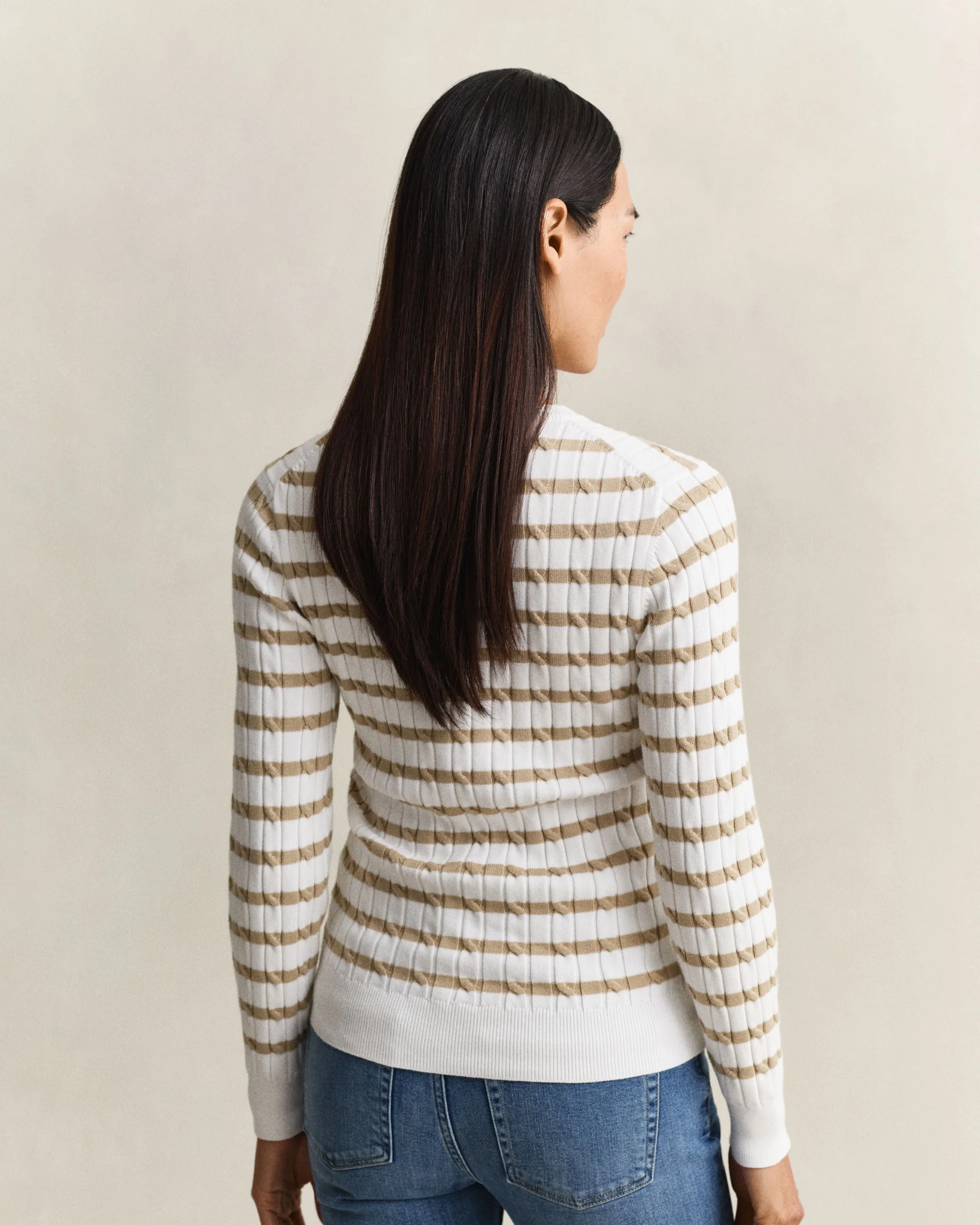 Stretch Cotton Cable Stripe Crew Neck Sweater - Oat Beige - Image 3