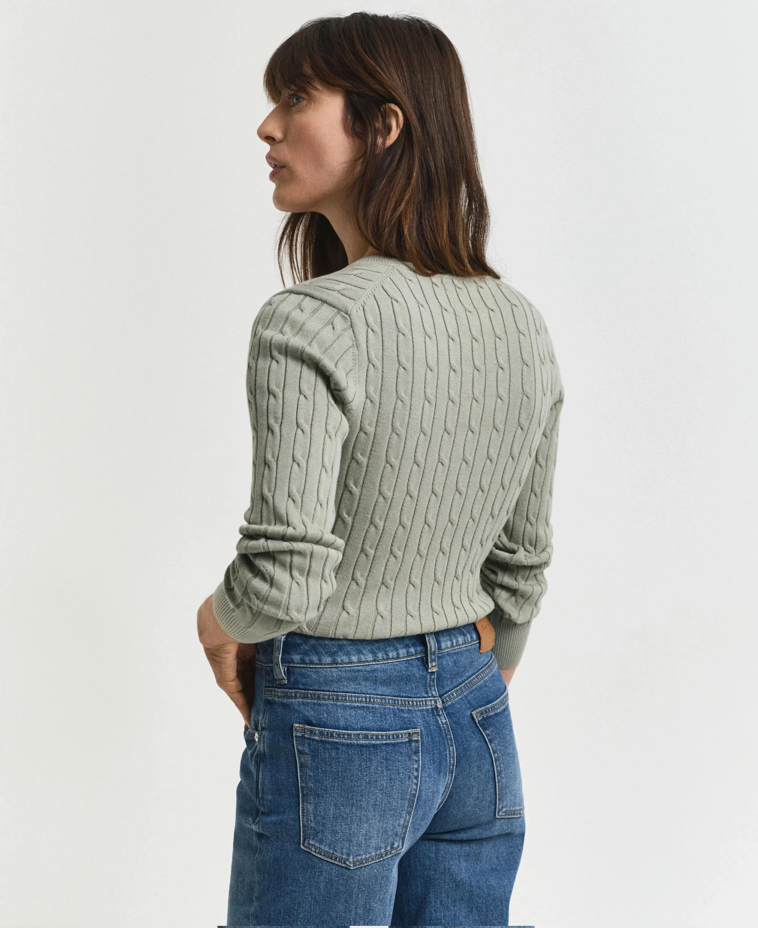 Stretch Cotton Cable V-Neck Sweater - Faded Sage - Image 3