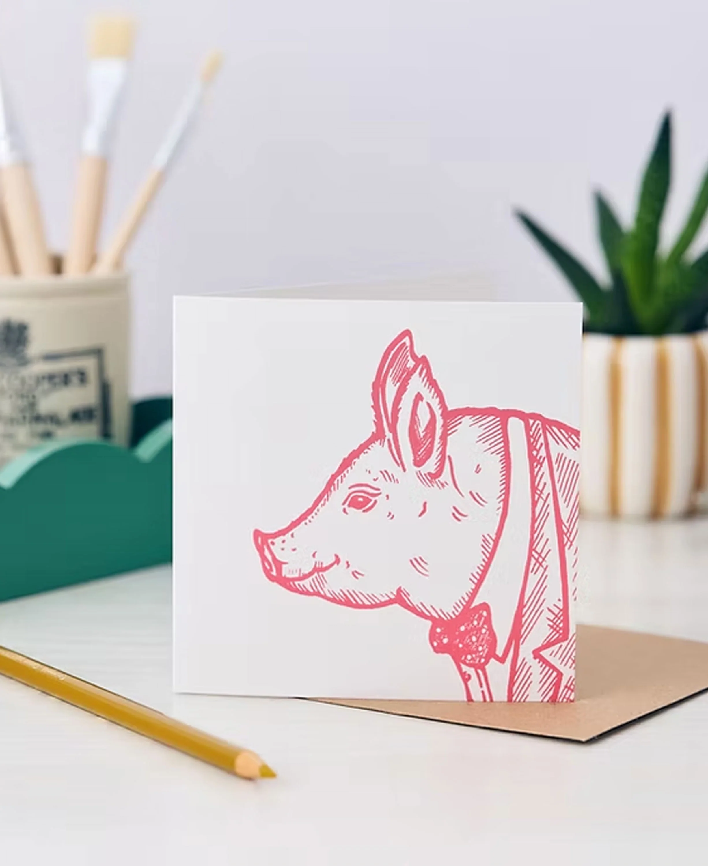 Winston Pig Greetings Card - Coral Pink - Image 2